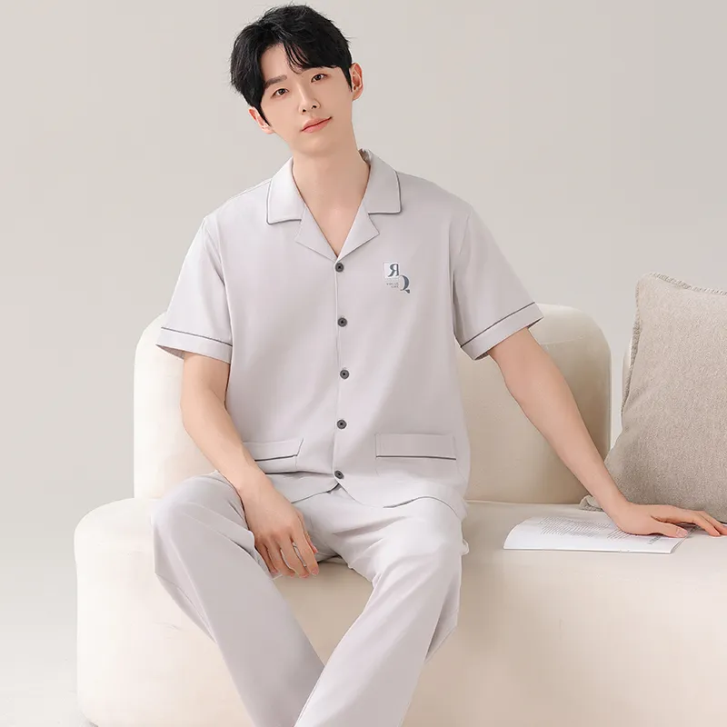 NOME Summer Short Sleeved Cardigan 100% Cotton Pajamas Men's Two Piece Set-4