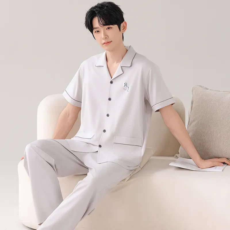 NOME Summer Short Sleeved Cardigan 100% Cotton Pajamas Men's Two Piece Set-2