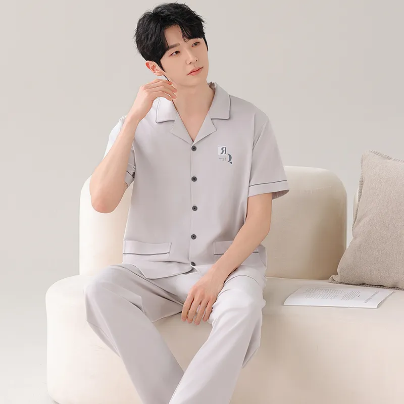 NOME Summer Short Sleeved Cardigan 100% Cotton Pajamas Men's Two Piece Set-5