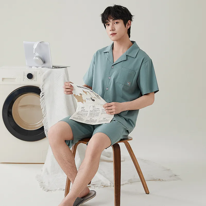 NOME Spring Summer Cardigan Short Sleeved Shorts Pajamas Men's Two Piece Set-2