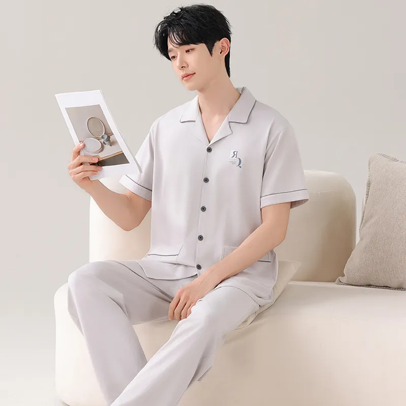 NOME Summer Short Sleeved Cardigan 100% Cotton Pajamas Men's Two Piece Set-3
