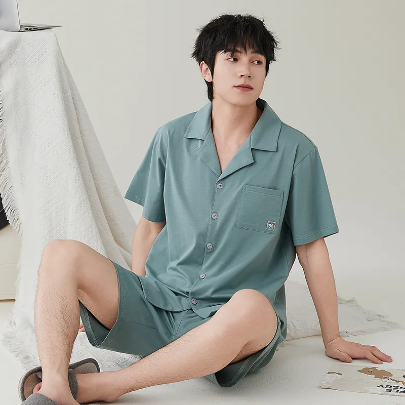 NOME Spring Summer Cardigan Short Sleeved Shorts Pajamas Men's Two Piece Set-3