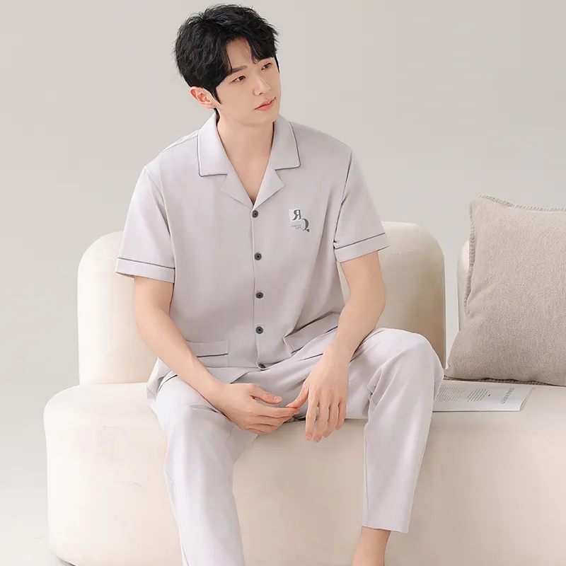 NOME Summer Short Sleeved Cardigan 100% Cotton Pajamas Men's Two Piece Set-6