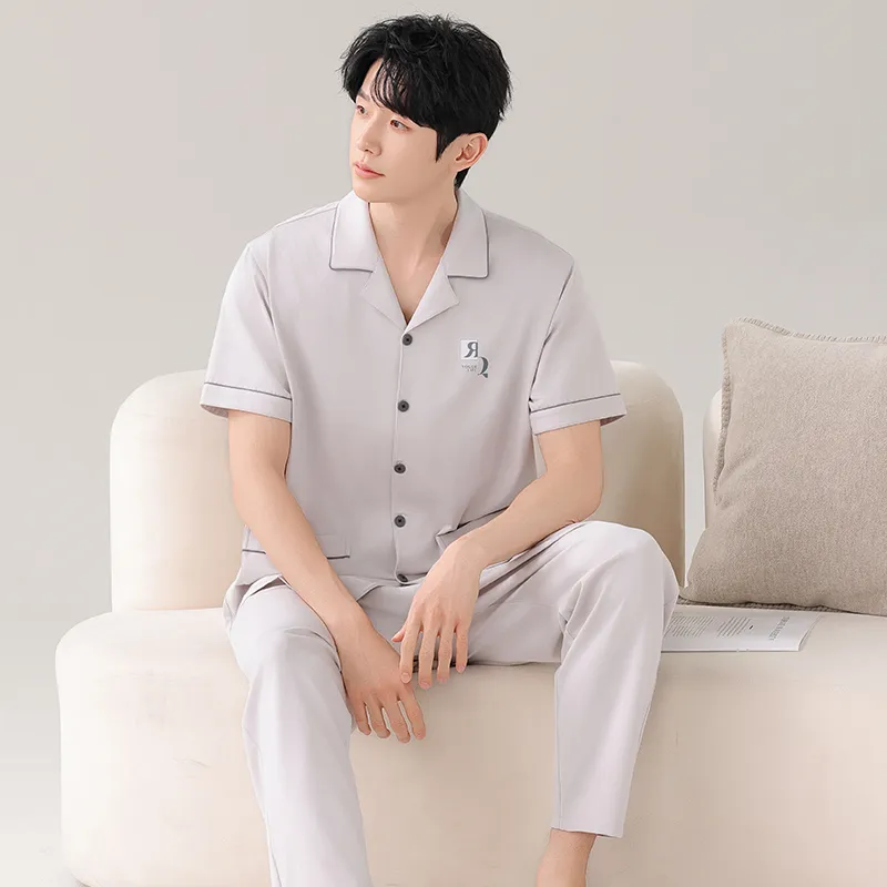 NOME Summer Short Sleeved Cardigan 100% Cotton Pajamas Men's Two Piece Set-1