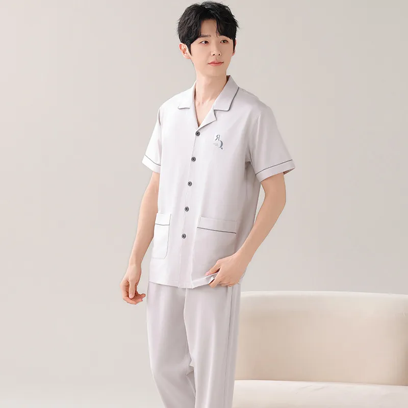 NOME Summer Short Sleeved Cardigan 100% Cotton Pajamas Men's Two Piece Set-7