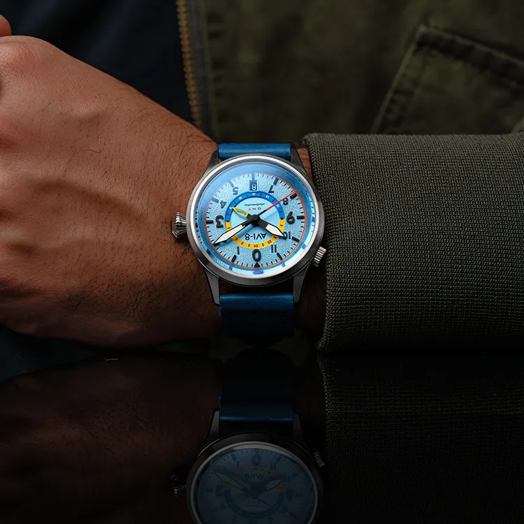 AVI 8 FLYBOY Collection Wrist Watch Automatic Mechanical Movement Genuine Leather Strap Blue Dial Men's Watches-4
