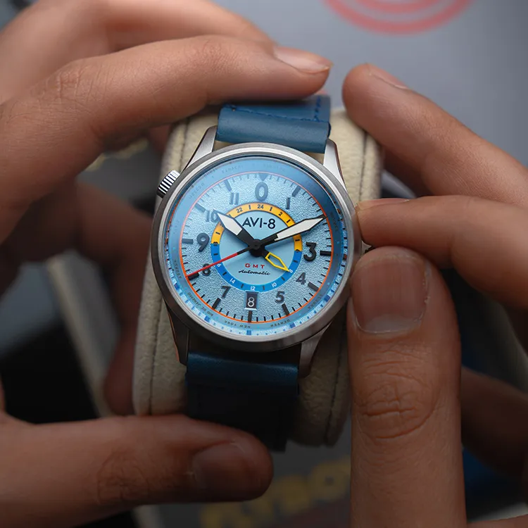 AVI 8 FLYBOY Collection Wrist Watch Automatic Mechanical Movement Genuine Leather Strap Blue Dial Men's Watches-2