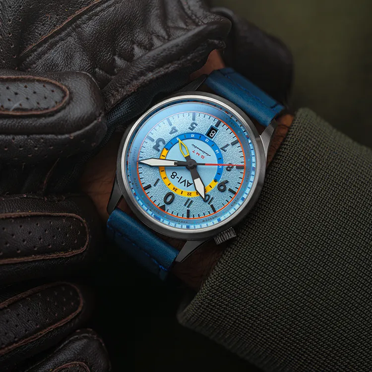 AVI 8 FLYBOY Collection Wrist Watch Automatic Mechanical Movement Genuine Leather Strap Blue Dial Men's Watches-3