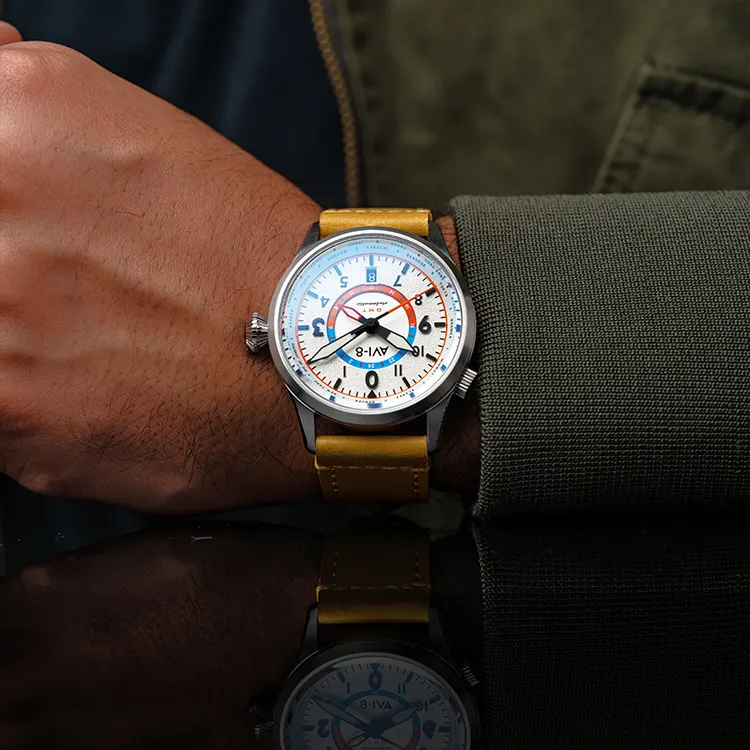 AVI 8 FLYBOY Collection Wrist Watch Automatic Mechanical Movement Genuine Leather Strap White Dial Men's Watches-4
