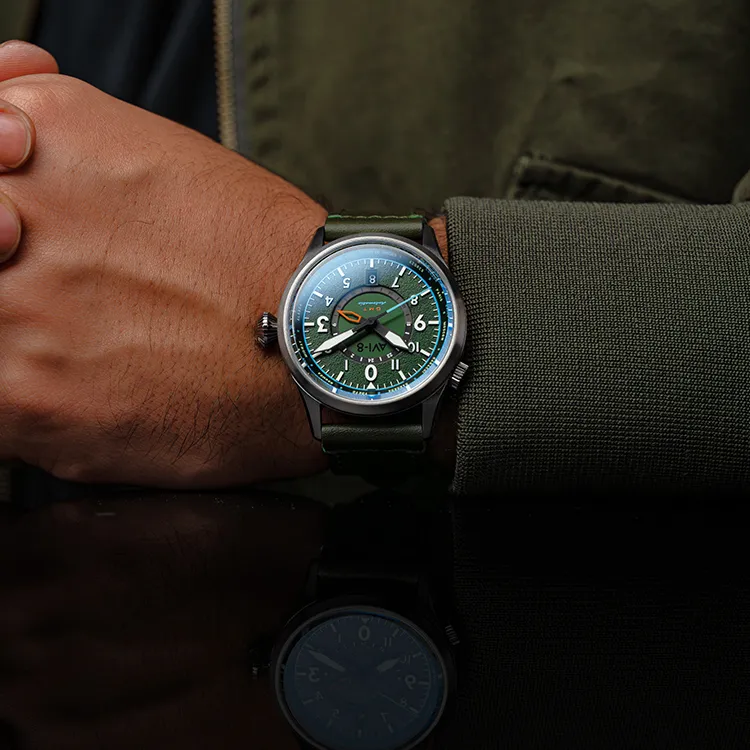 AVI 8 FLYBOY Collection Wrist Watch Automatic Mechanical Movement Genuine Leather Strap Green Dial Men's Watches-3