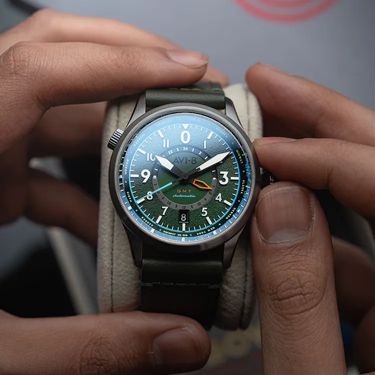 AVI 8 FLYBOY Collection Wrist Watch Automatic Mechanical Movement Genuine Leather Strap Green Dial Men's Watches-2