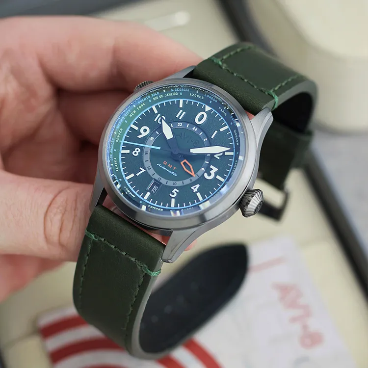 AVI 8 FLYBOY Collection Wrist Watch Automatic Mechanical Movement Genuine Leather Strap Green Dial Men's Watches-5