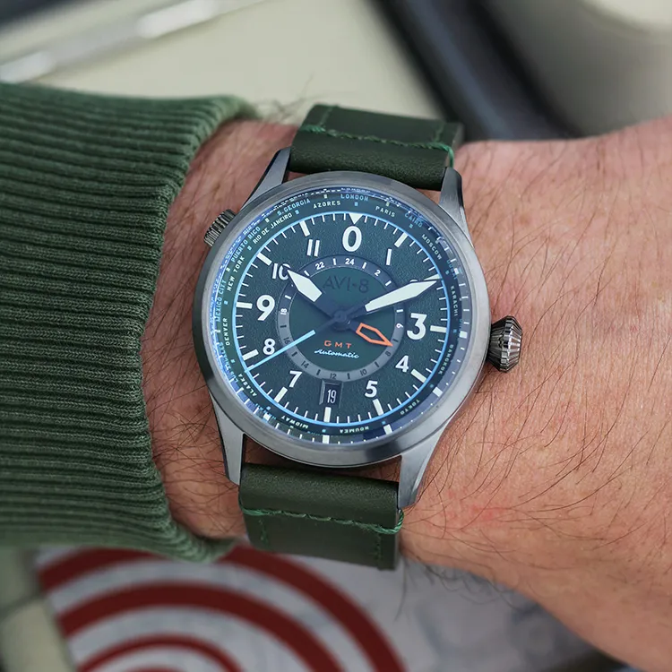 AVI 8 FLYBOY Collection Wrist Watch Automatic Mechanical Movement Genuine Leather Strap Green Dial Men's Watches-4