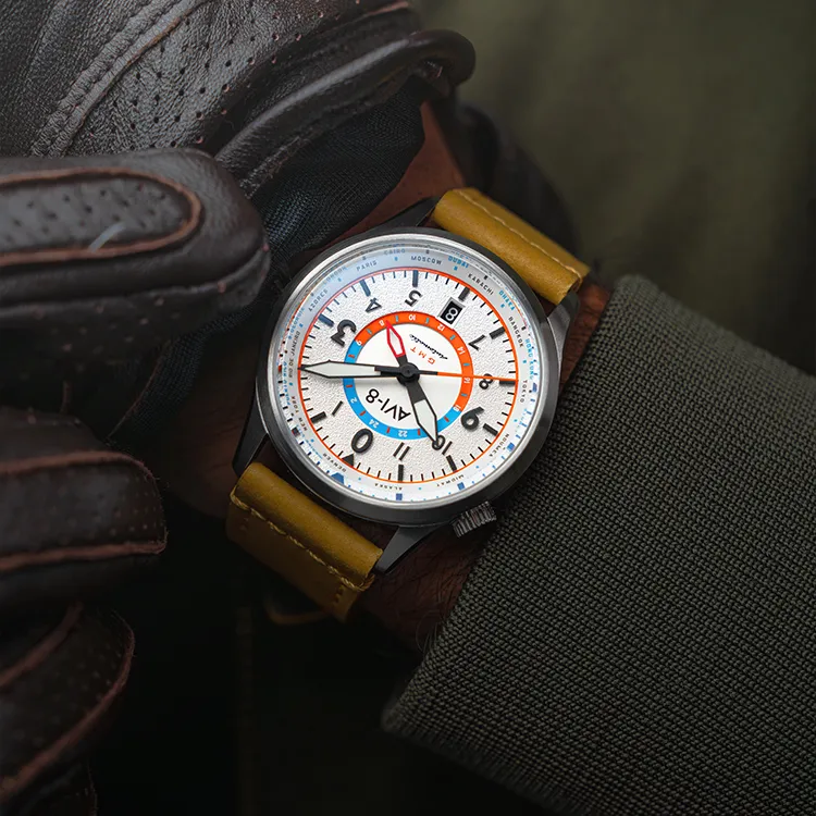 AVI 8 FLYBOY Collection Wrist Watch Automatic Mechanical Movement Genuine Leather Strap White Dial Men's Watches-3