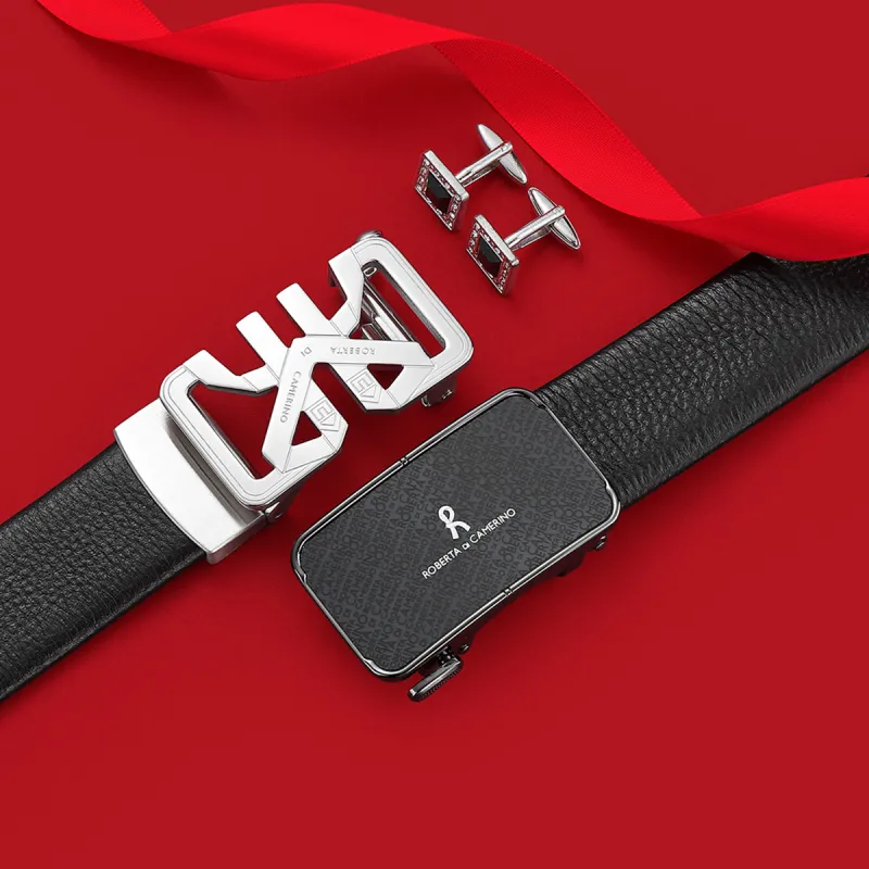 ROBERTA DI CAMERINO High End Luxurious Double Closure Soft Comfortable Cow Leather Belts Men's Gunmetal 3.5CM-5