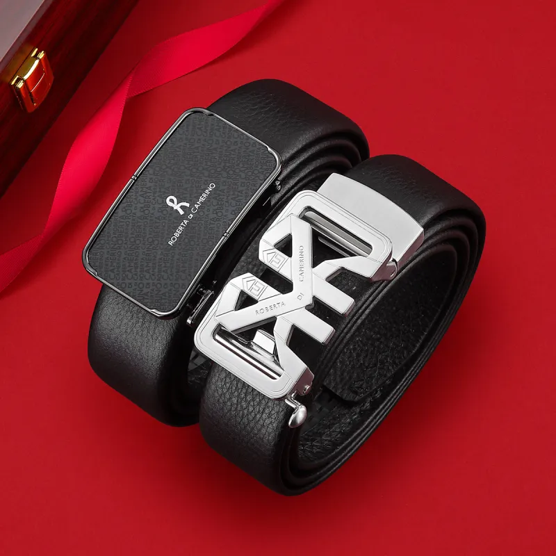 ROBERTA DI CAMERINO High End Luxurious Double Closure Soft Comfortable Cow Leather Belts Men's Gunmetal 3.5CM-4