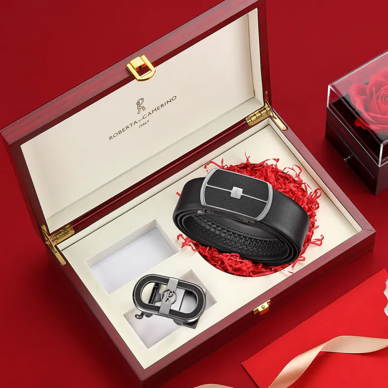 ROBERTA DI CAMERINO Cow Leather Belts Men's Black 3.7CM Anniversary Gift Set-5