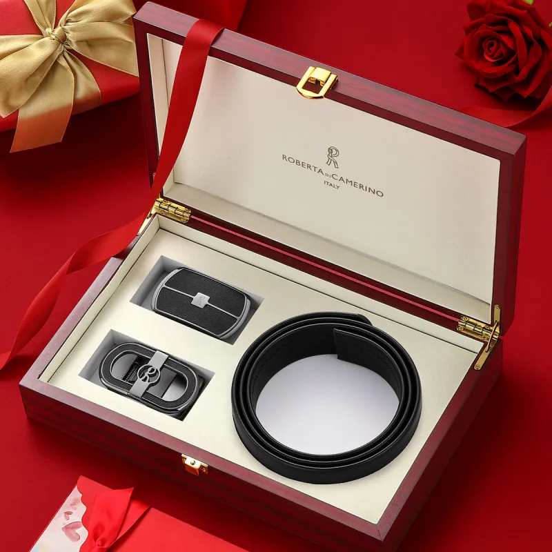 ROBERTA DI CAMERINO Cow Leather Belts Men's Black 3.7CM Anniversary Gift Set-4