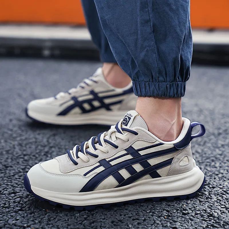 CEDAR HAN Slip Resistant Breathable Height Increasing Low Top Casual Shoes Women's Beige Dark Blue-4
