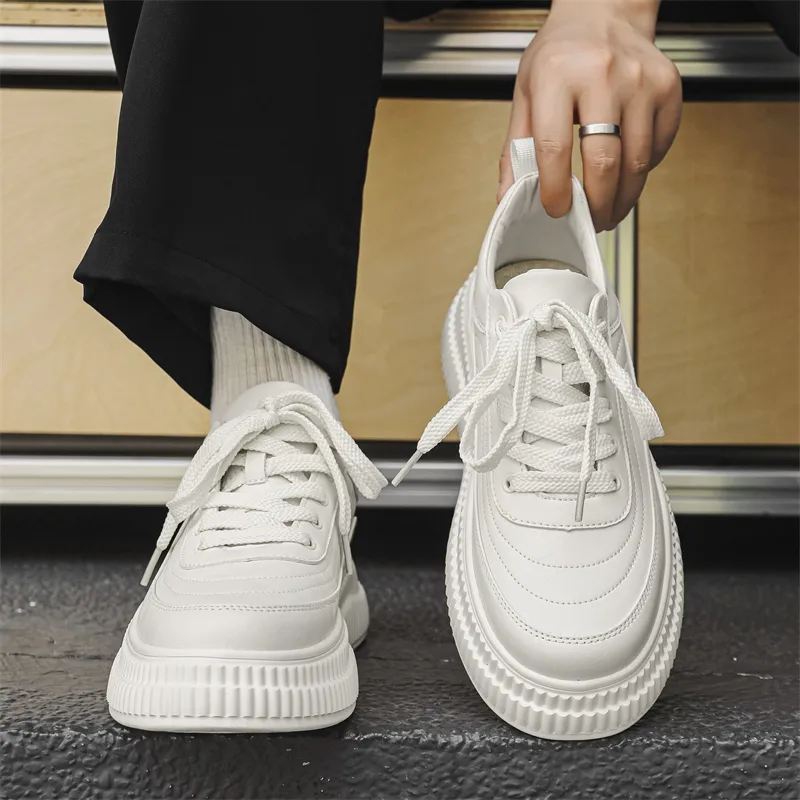 CEDAR HAN White Sneakers Slip Resistant Lightweight Height Increasing Low Top Skateboard Shoes Men's-3