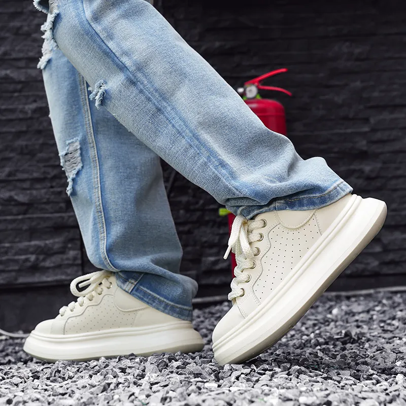 CEDAR HAN Coverage Lightweight Height Increasing Low Top Skateboard Shoes Men's White-4