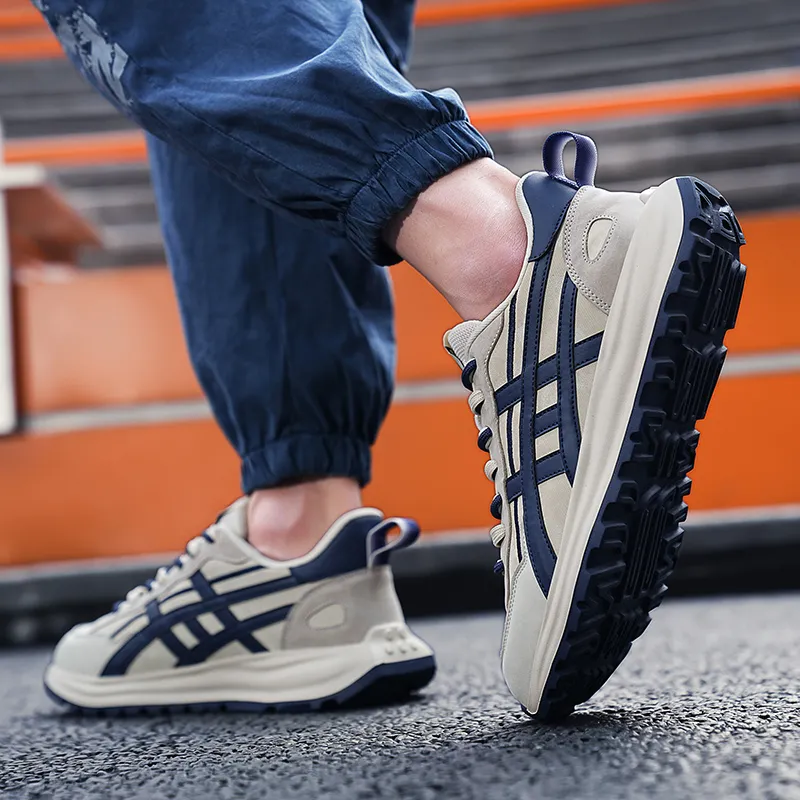CEDAR HAN Slip Resistant Breathable Height Increasing Low Top Casual Shoes Women's Beige Dark Blue-5