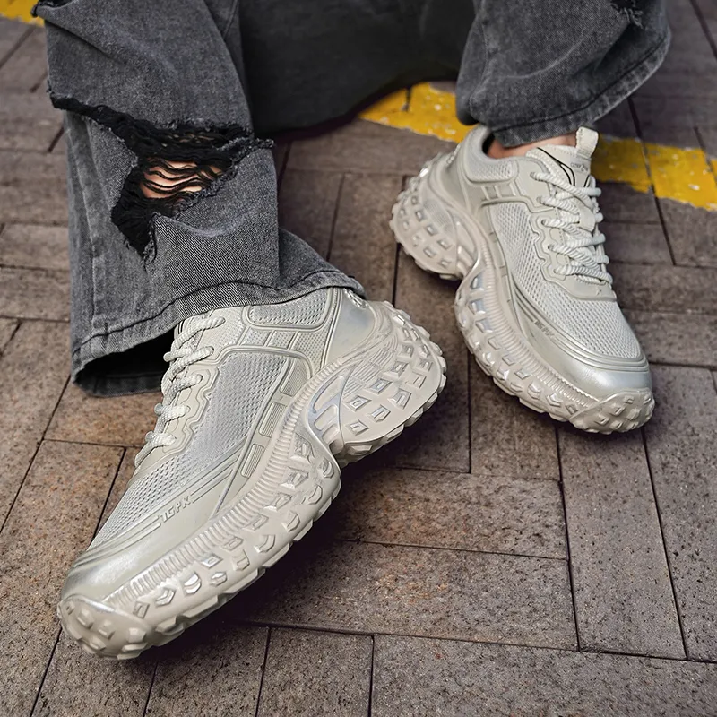 CEDAR HAN Coverage Abrasion Resistant Lightweight Breathable Slip Resistant Low Top Chunky Sneakers Men's Beige Gray-5
