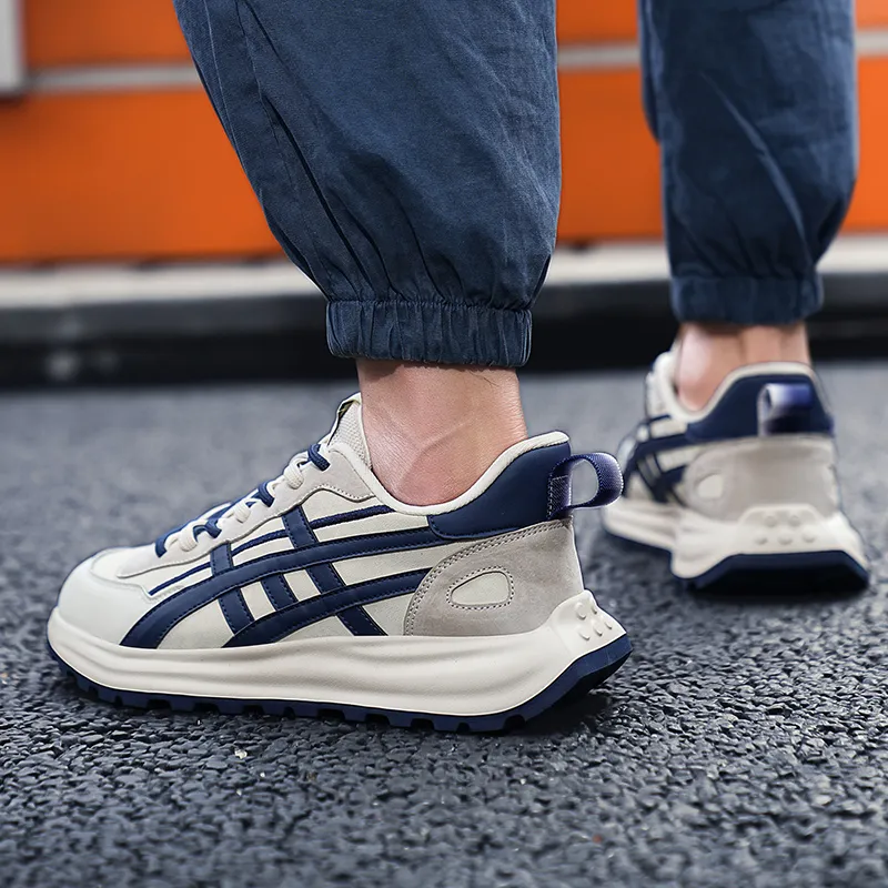 CEDAR HAN Slip Resistant Breathable Height Increasing Low Top Casual Shoes Women's Beige Dark Blue-6