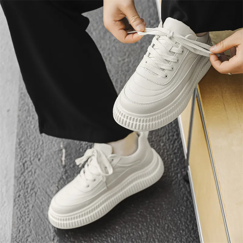 CEDAR HAN White Sneakers Slip Resistant Lightweight Height Increasing Low Top Skateboard Shoes Men's-5