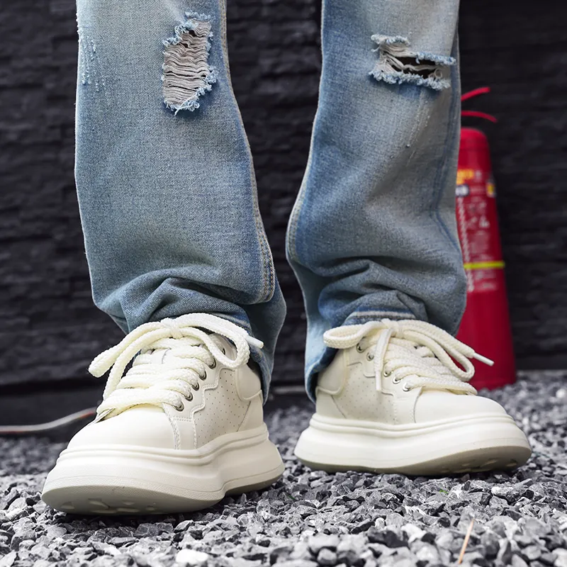 CEDAR HAN Coverage Lightweight Height Increasing Low Top Skateboard Shoes Men's White-3