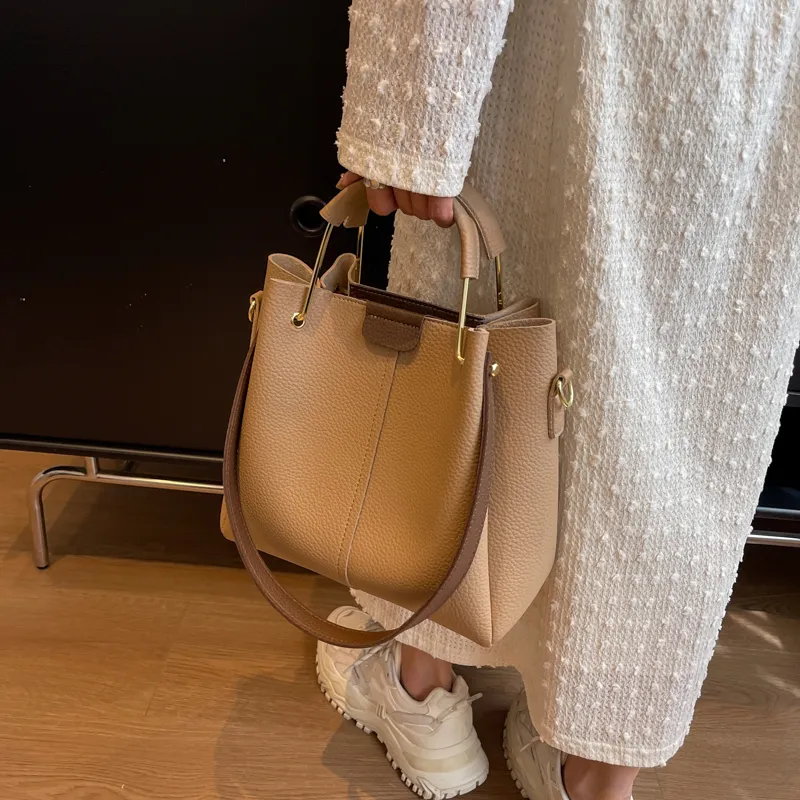 JIANMU PU Handbag Bucket Bag Women's Black/Khaki/Ecru/Pink-8