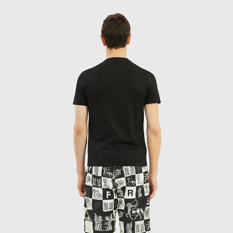 FERRE Letter 3D Effect Embossed Rhinestone Trim Crew Neck Short Sleeved T Shirt Men's Black-2