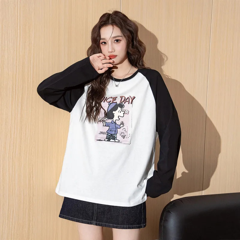 Tonlion Raglan Sleeve Long Sleeved T Shirts Women's-1