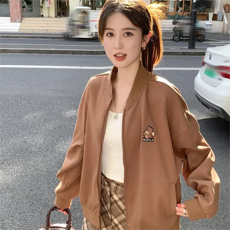 Tonlion Baseball Jacket Women's Morandi Coffee-4