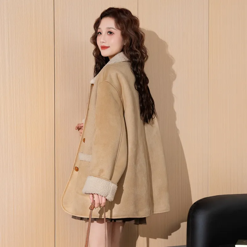 Tonlion Velvet feel Coat Women's Milk Tea Beige-3