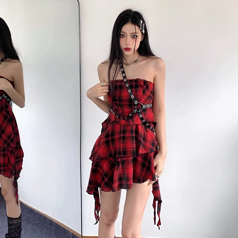 WOWI Slip Dresses Women's Red Plaid Skirt Shopping Bag-3