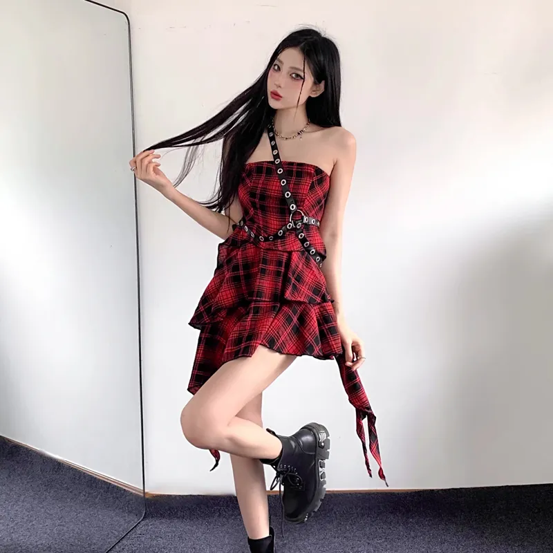 WOWI Slip Dresses Women's Red Plaid Skirt Shopping Bag-4