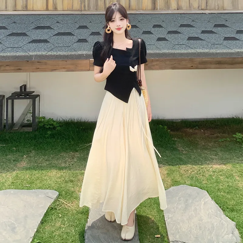 WOWI Two Piece Skirt Sets Women's Black+Apricot-2