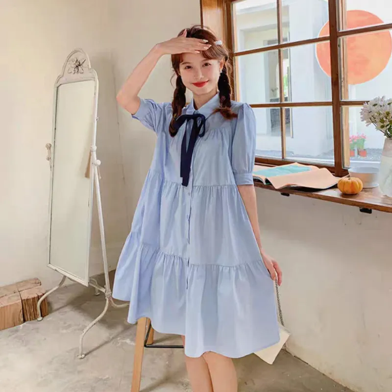 WOWI KCKS Short Sleeved Dress Women's Light Blue+Tie-4