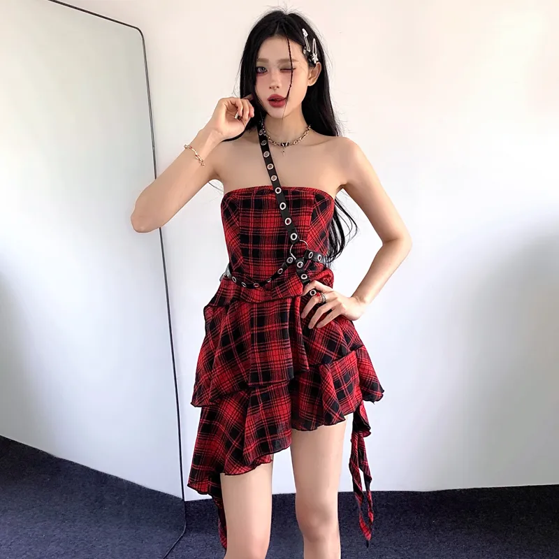 WOWI Slip Dresses Women's Red Plaid Skirt Shopping Bag-2