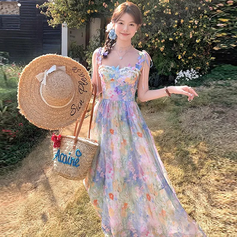 WOWI KCKS Slip Dress Women's Oil Painting Pink Blue-4