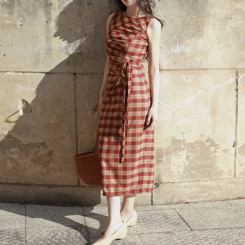 WOWI KCKS Sleeveless Dress Women's Brick Red Plaid-3