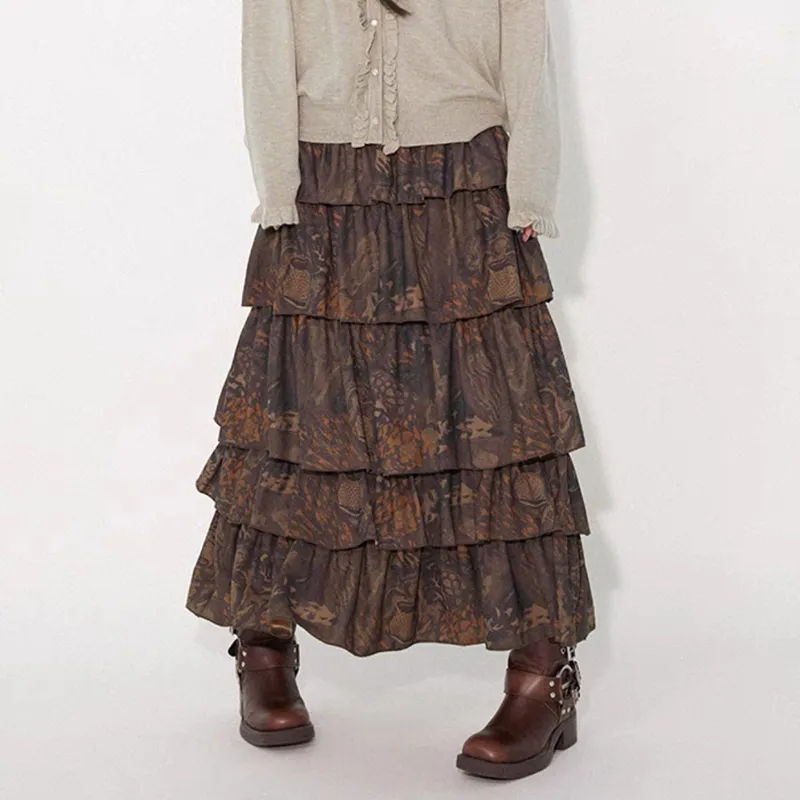 WOWI KCKS Casual Long Skirt Women's Printed Brown-2
