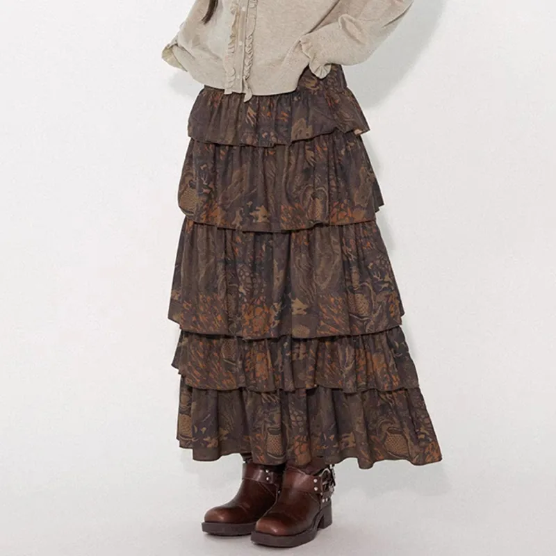 WOWI KCKS Casual Long Skirt Women's Printed Brown-5