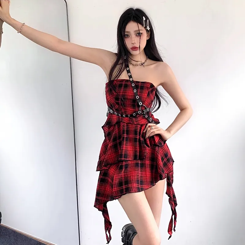 WOWI Slip Dresses Women's Red Plaid Skirt Shopping Bag-5