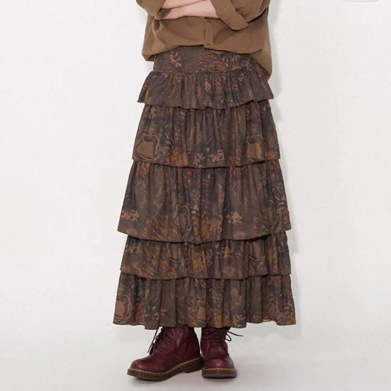 WOWI KCKS Casual Long Skirt Women's Printed Brown-3