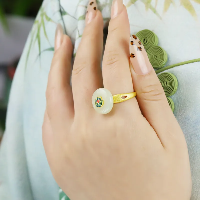CHIC ZONE Hetian Jade Rings Pale Greenish White Jade Women's-4