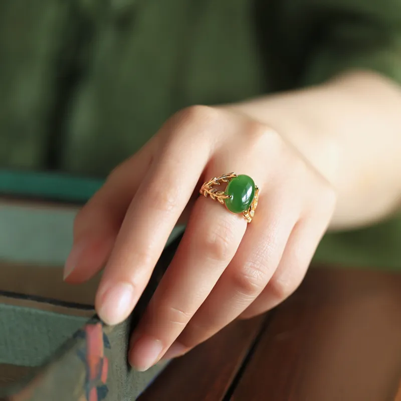 CHIC ZONE Hetian Jade 925 Sterling Silver Rings Women's Jasper-2