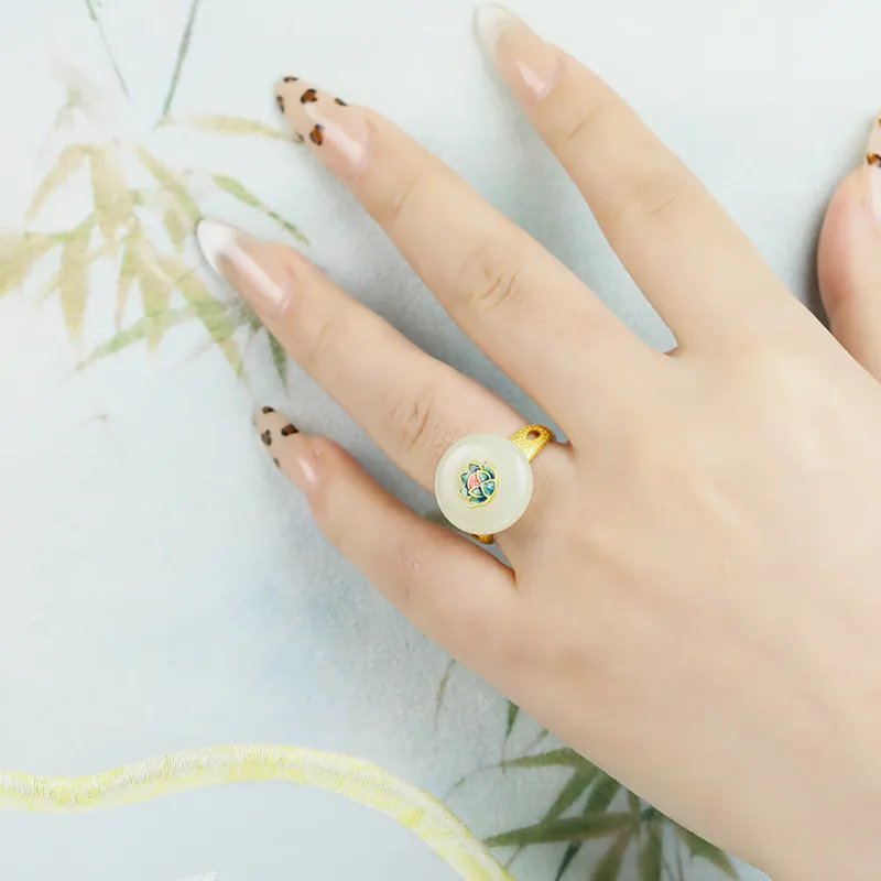 CHIC ZONE Hetian Jade Rings Pale Greenish White Jade Women's-5