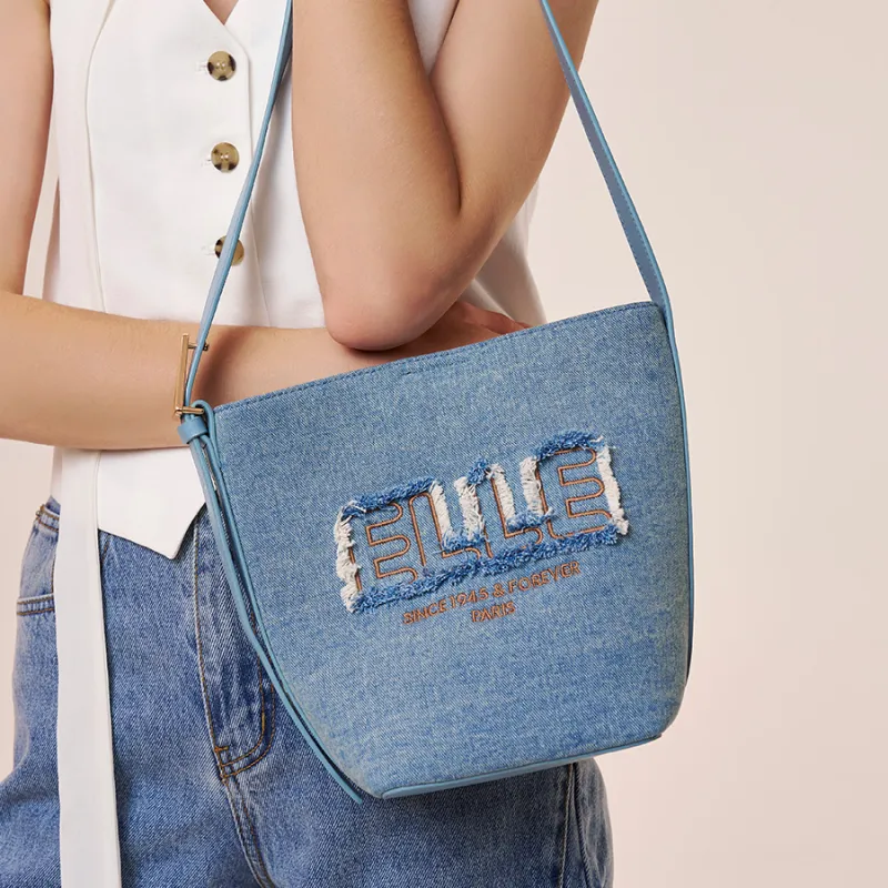 ELLE Textile, Synthetic Leather Bucket Bag, Shoulder Bag Medium Size Women's Denim Blue-3
